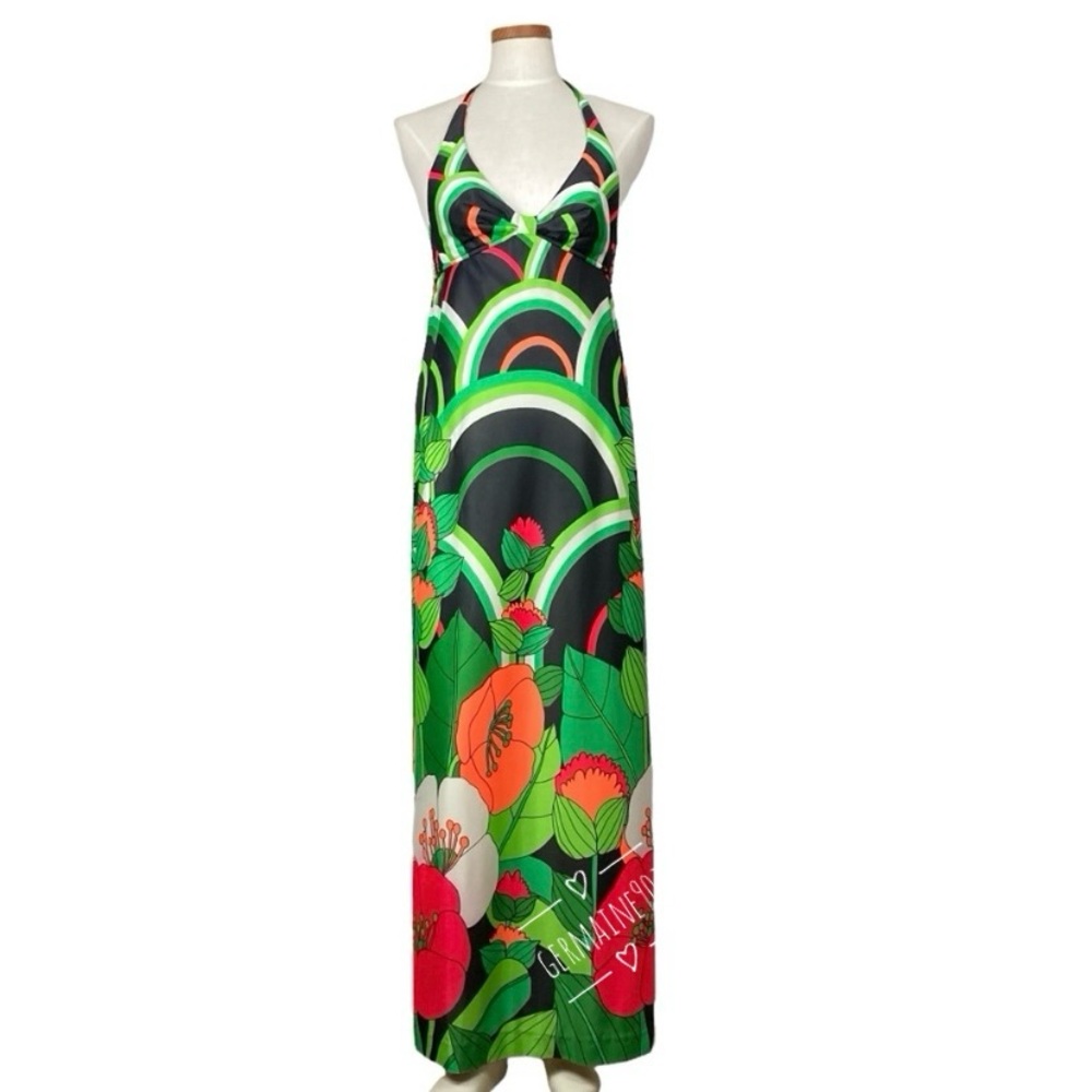 Vintage 60s 70s Floral Halter Maxi Dress XS